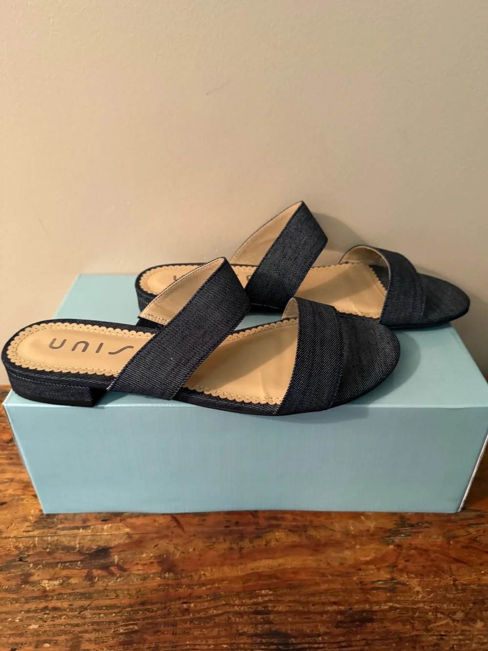 Unisa Navy Denim Two-Band Slide Sandal, size 9